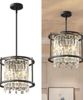 Dope Modern Black Crystal Chandelier For Foyer And Kitchen Island, Round Adjustable Height Pendant Light Fixture for Entryway