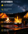 Portable S'mores Fire Pit For Outdoor Fun, 3-5 Hour Burn Time on a table, camping tents in background, features listed