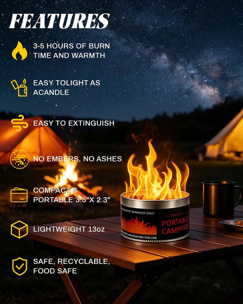 Portable S'mores Fire Pit For Outdoor Fun, 3-5 Hour Burn Time on a table, camping tents in background, features listed