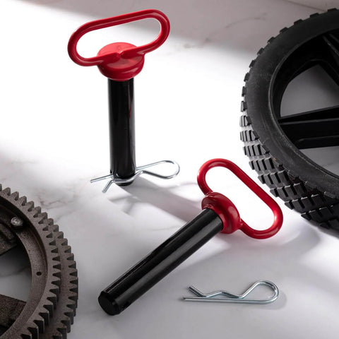 2 Pack 1 Inch Clevis Hitch Pins With Red Rubber Coated Handle and 3.35 Inch R Clip Black Powder Coated for Ball Mounts ATV and Hitch Accessories displayed on a surface.