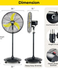 Whisper Quiet 24 Inch Industrial Pedestal Fan With Brushless DC Motor, showing dimensions and features, including switches and knobs.