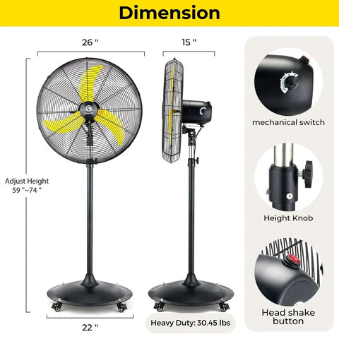 Whisper Quiet 24 Inch Industrial Pedestal Fan With Brushless DC Motor, showing dimensions and features, including switches and knobs.