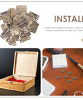 Collage of fifty pack miniature jewelry box hinges one point two inch antique copper folding drawer hinges with two hundred screws for DIY chest cabinet wood boxes, installed on a wooden box lid.
