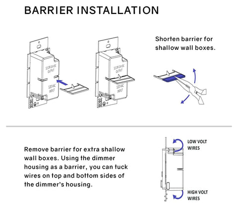 Barrier installation guide for Integrated 100W LED Dimmer And Driver Wall Switch with shallow box adjustments.