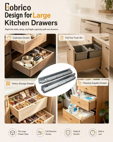 Smooth As Butter Ride Undermount Drawer Slides Soft Close Full Extension Glides in kitchen, showcasing large drawers and pull-out features.