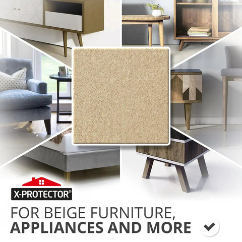 Heavy Duty No Sweat Adhesive Felt Furniture Pads, 20 Pack Of 6 Half Inch Non Scratch Strips on beige furniture.