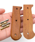 Hand holding wooden knife handles with brass and stainless steel fasteners from Sixteen Sets Brass And Stainless Steel Bracket Bolt Fasteners For Knife Making Include Screws And Studs Knife Handle Pins Rivets And Tactical Lock Hardware 6 mm Head Diameter The Go To DIY Knifemaking Kit