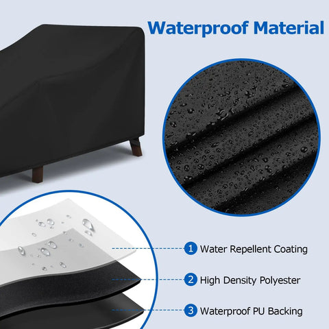 Chaise Lounge Covers Two Pack Waterproof Outdoor Protectors With Windproof Straps showing waterproof black material