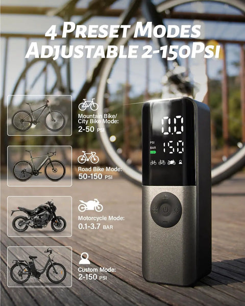 Must Have Portable Bike Pump With Digital Gauge Inflates To 150 Psi, Automatically Stops At Set Pressure, Perfect For Road, Mountain, E-Bike And Motorcycle, Fits Presta Schrader And Dunlop Valves, LCD Readout