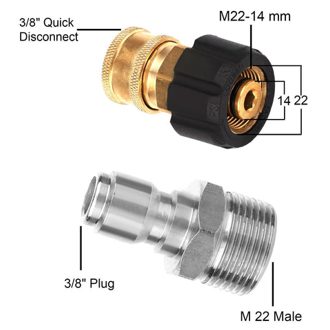 Two pressure washer adapters: brass M22-14mm quick-connect fitting and stainless steel M22 male plug