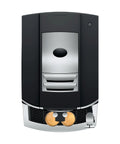 Premium Fully Automatic Chrome Espresso Coffee Machine Featuring A Hella Smooth Four Point Three Inch Smart Touchscreen Display For Twenty Seven Freshly Ground Drinks angled view showing chrome and black design, dual coffee spouts.