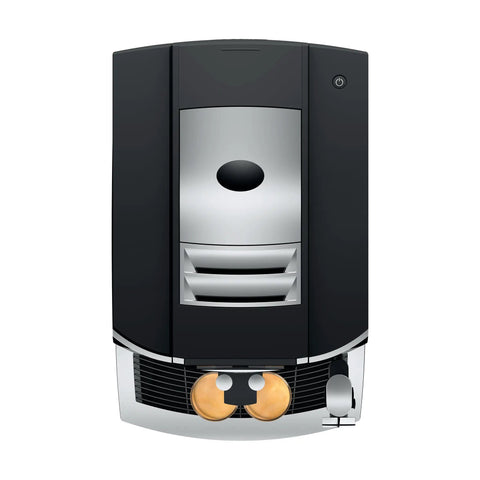 Premium Fully Automatic Chrome Espresso Coffee Machine Featuring A Hella Smooth Four Point Three Inch Smart Touchscreen Display For Twenty Seven Freshly Ground Drinks angled view showing chrome and black design, dual coffee spouts.
