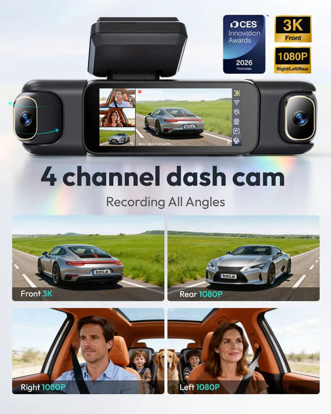 Crystal Clear 3K 4 Channel Dash Cam With 360 Degree All Sides View Front And Rear Inside Car Camera displaying screens of road views.
