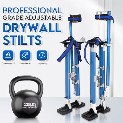 Adjustable Drywall Stilts 24 To 40 Inch Professional Grade Aluminum Painter Stilt for taping, painting, blue, 225 lb load, heavy duty.