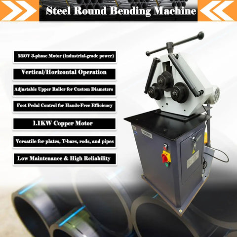 Heavy Duty Electric Roll Bender 1.1KW Three Roller Metal Bending Machine With Adjustable 1.2 Inch Rolls Dual Vertical Horizontal Setup And Foot Pedal Control for steel round bending.