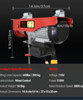 Beefy 110V Electric Hoist Winch 440 Lbs Capacity with dimensions and specifications displayed