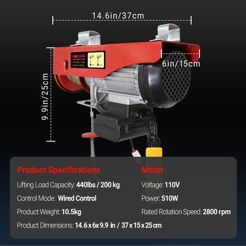 Beefy 110V Electric Hoist Winch 440 Lbs Capacity with dimensions and specifications displayed