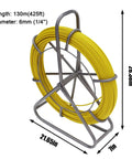 6mm 130m Fiberglass Fish Tape With Steel Reel Stand And Brake, 425ft Wire Pulling Rod for electrical duct use with yellow fiberglass.