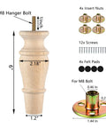 Super Heavy Duty Wooden Furniture Legs Set Of 4 Unfinished Replacement Parts Smooth Sanded Hardwood, 6 inch design with M8 Hanger Bolt.