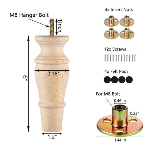 Super Heavy Duty Wooden Furniture Legs Set Of 4 Unfinished Replacement Parts Smooth Sanded Hardwood, 6 inch design with M8 Hanger Bolt.