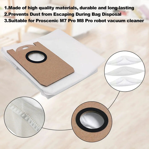 Leakproof Six Pack Dust Bags With Mega Capacity for M7 Pro shown with filtration layers and sealing gasket detail.