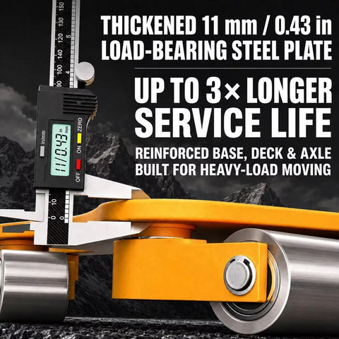 Close-up of heavy-duty machine skates for moving industrial equipment with thickened steel plate and smooth casters.