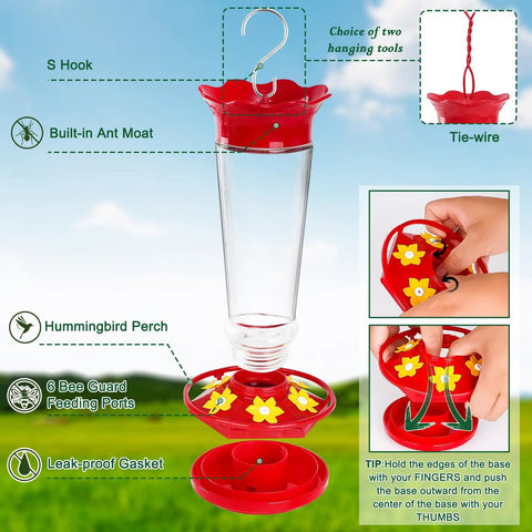 Outdoor Hummingbird Feeder 2 Pack Ant And Bee Proof Clear 10 Ounce With 6 Flower Shaped Ports Hanging Bird Nectar Feeder