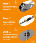 Assembly steps for Two In One Chicken Poop Scooper And Rake For Coop Cleanup, adjustable handles and wall mount shown.
