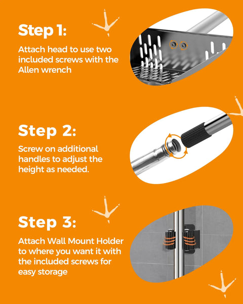 Assembly steps for Two In One Chicken Poop Scooper And Rake For Coop Cleanup, adjustable handles and wall mount shown.