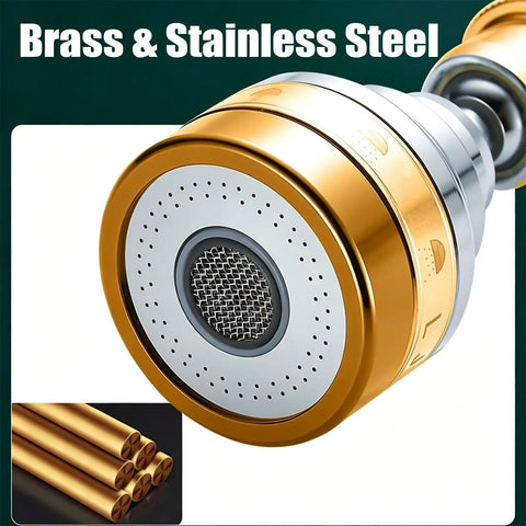 360 Degree Swivel Kitchen Faucet Aerator Replacement, brass and stainless steel sprayer head close-up with mesh filter.