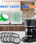Replacement Water Filtration Set For Mr Coffee Brewers with filter discs and coffee maker, highlighting coconut shell charcoal.