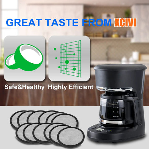 Replacement Water Filtration Set For Mr Coffee Brewers with filter discs and coffee maker, highlighting coconut shell charcoal.