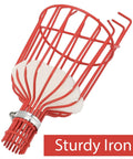 Fruit Picker Basket With Adjustable Knob For Juicy Apples From Trees, red iron frame, vinyl-coated for gentle fruit picking.