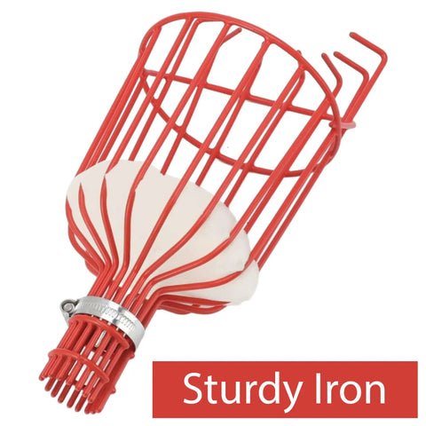 Fruit Picker Basket With Adjustable Knob For Juicy Apples From Trees, red iron frame, vinyl-coated for gentle fruit picking.