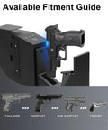 0.1 Second Quick Access Pistol Safe With Auto Sliding Door showing gun fitment for full-size, compact, sub-compact, pocket.