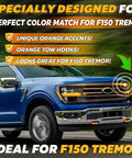 Tow Hook Cover Kit For Ford F150 And Bronco Models 2004-2026 With Tremor Orange Silicone Rubber Upgrade shown on F150