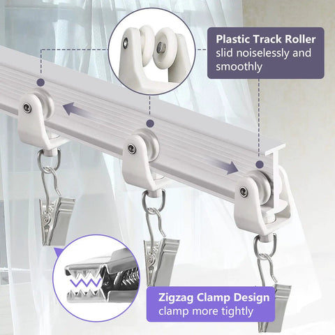 Flexible Bendable Ceiling Curtain Track 16 Ft White Wall Mount Sliding Curtain Rail System With Clips For RV Room Divider And Home Windows, rollers and clips