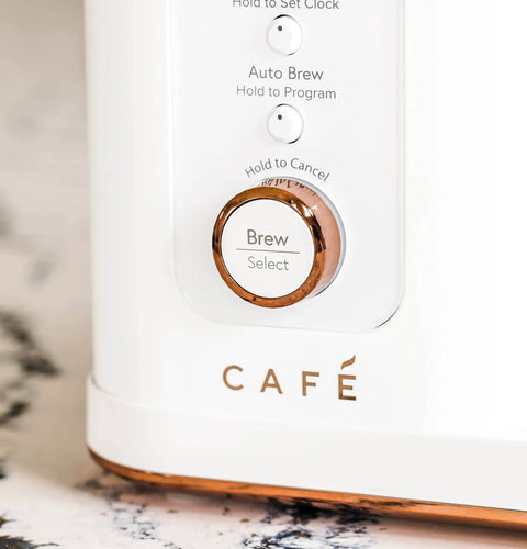 Close-up of control panel on a Smart Drip Coffee Maker With 10 Cup Insulated Carafe WiFi Enabled Voice To Brew Technology Matte White SCA Certified.