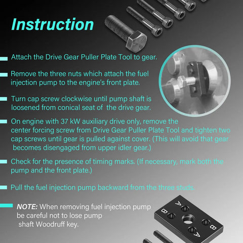 Instruction guide with Drive Gear Puller Plate Tool and screws for fuel injection pumps on 6059 and 6068 engines.