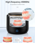 Ultrasonic Retainer Cleaner Machine For Dentures Mouth Guards Aligners Braces Toothbrush Heads And Jewelry 230ml Cleaning Pod With Three Modes And Digital Timer For Deep Clean At Home, shown with dentures cleaning process.