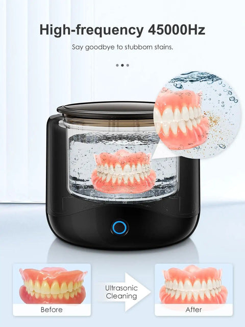Ultrasonic Retainer Cleaner Machine For Dentures Mouth Guards Aligners Braces Toothbrush Heads And Jewelry 230ml Cleaning Pod With Three Modes And Digital Timer For Deep Clean At Home, shown with dentures cleaning process.