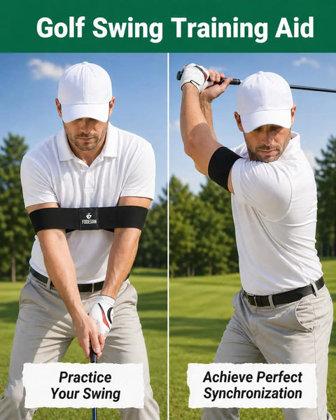 Man demonstrating Arm Band Golf Swing Trainer Game Changer For Better Connection, Tempo, And Consistency, Indoor Practice Aid outdoors.