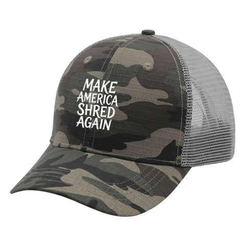 Camouflage golf trucker cap with 'Make America Shred Again' text, breathable mesh back, unisex style for casual wear.