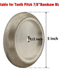 Five Inch CBN Bandsaw Grinding Wheel For Seven Eighths Inch Tooth Spacing Blades Ten And Thirty Degree Tooth Pitch 