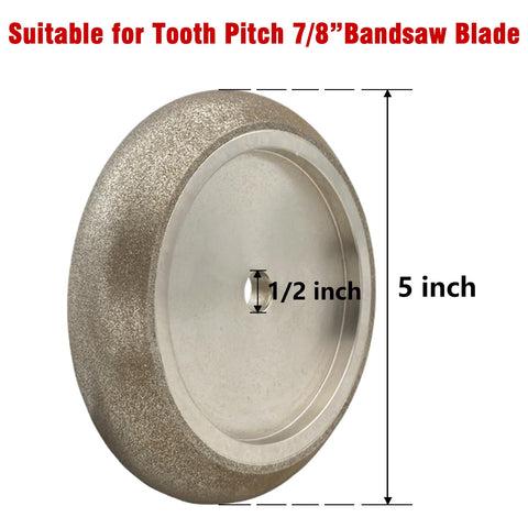 Five Inch CBN Bandsaw Grinding Wheel For Seven Eighths Inch Tooth Spacing Blades Ten And Thirty Degree Tooth Pitch 