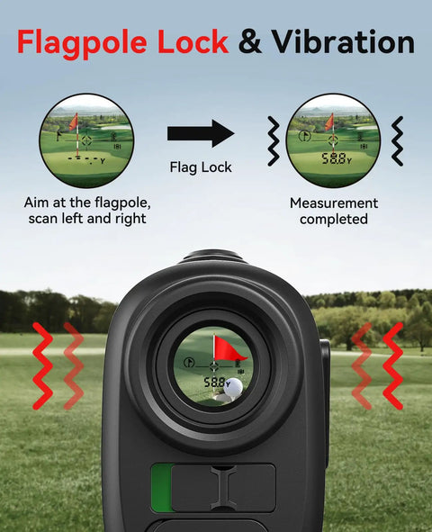 Golf Range Finder With Slope, Flag Lock And 1200 Yard Range, 7X Magnification in use with flagpole lock and vibration demo