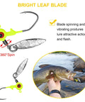 Dope 15 Piece Fishing Jig Heads With Spinner Hooks In Vibrant Mixed Hues Perfect For Crappie And Runner Bass Includes Solid Plastic Tackle Case 1/8 Oz Freshwater Tackle Kit showing bright leaf blade jig head and fish catch.