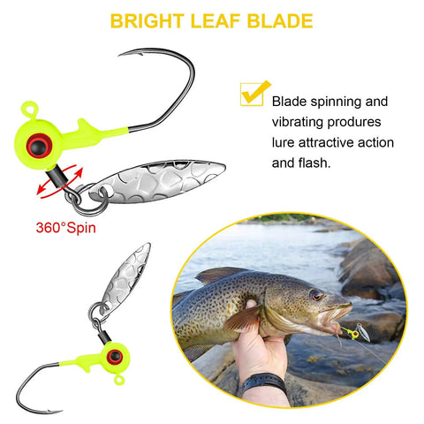 Dope 15 Piece Fishing Jig Heads With Spinner Hooks In Vibrant Mixed Hues Perfect For Crappie And Runner Bass Includes Solid Plastic Tackle Case 1/8 Oz Freshwater Tackle Kit showing bright leaf blade jig head and fish catch.