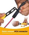 Universal MC4 Disconnect Tool 6-In-1 Wrench used with a solar connector for quick assembly and disassembly.