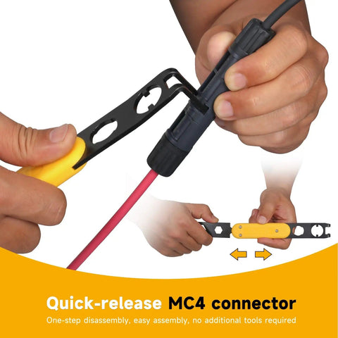 Universal MC4 Disconnect Tool 6-In-1 Wrench used with a solar connector for quick assembly and disassembly.